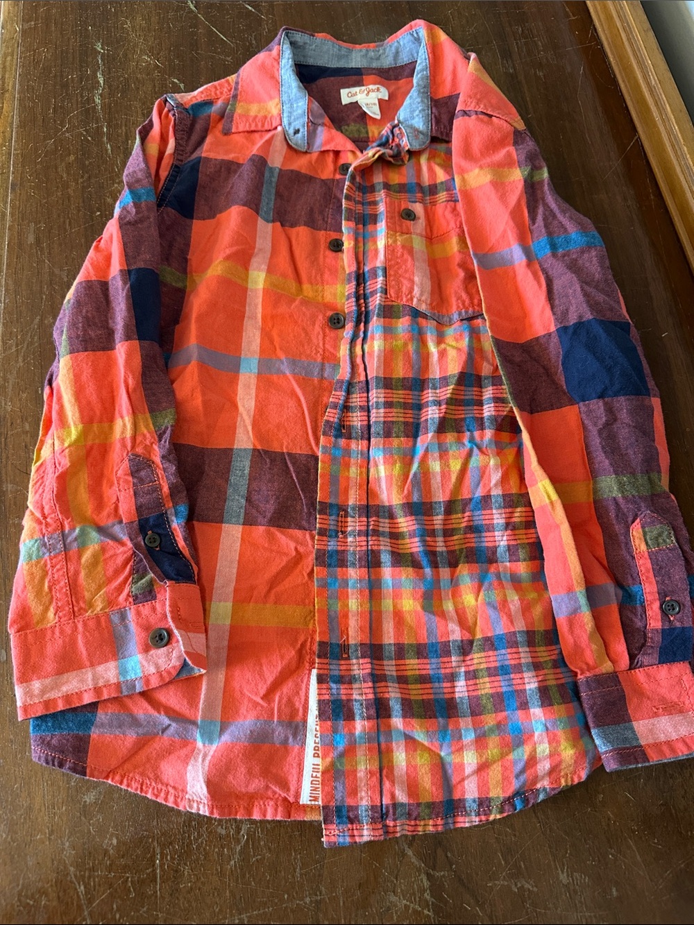 Cat & Jack Coral Orange Plaid Button-Down Shirt with Navy Accents